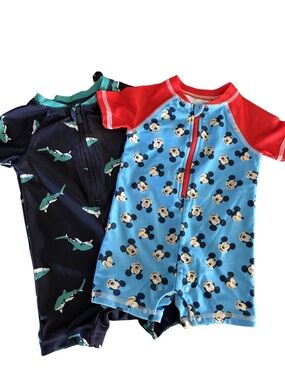 Disney Blue Mickey Print Shorty Sunsuit with Red Sleeves